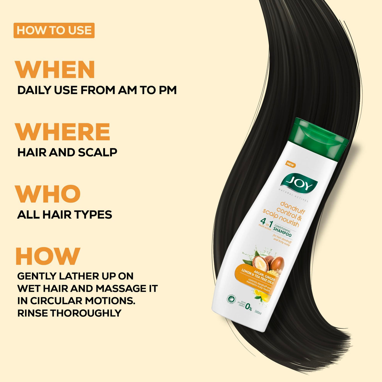 Joy Anti Dandruff Shampoo with Tea Tree, Ginger & Lemon for Dry & Itchy Scalp (340ml) | 4 in 1 Conditioning Shampoo for Dandruff Control & Soft Hair | Vegan & Paraben Free | For Men & Women