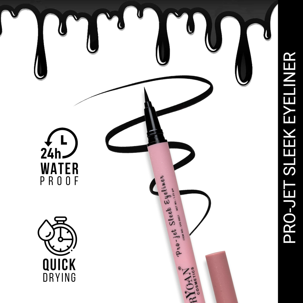 Shryoan Pro-Jet Sleek Black Eyeliner | Intense Black Finish |Quick Dry Formula |24-Hour Smudge-Proof Wear | Ideal for Professional and Everyday Use| 1.25g