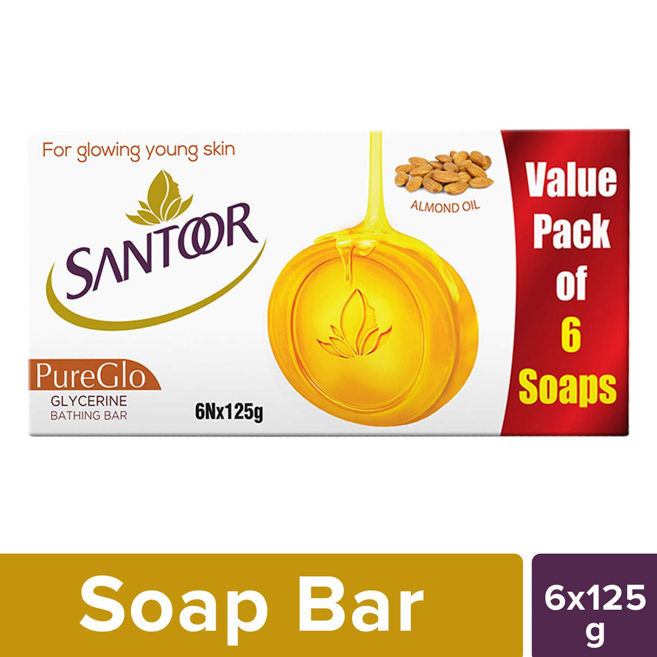 Santoor Gold Soap 125G (Pack Of 6) And Pureglo Glycerine Soap With Almond Oil And Glycerine, 125G (Pack Of 6) For Nourished Glowing Skin