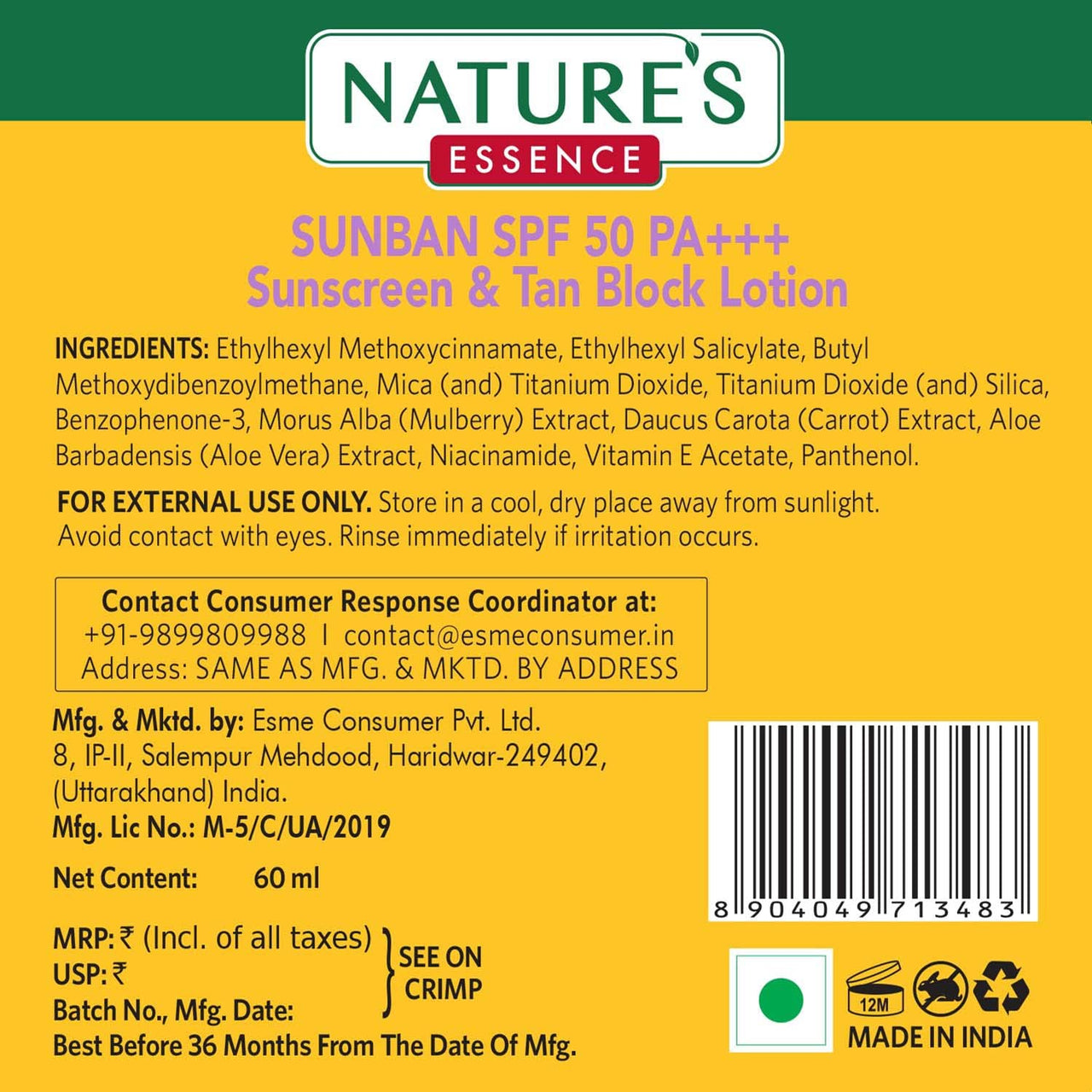 NATURES ESSENCE Sunban Suncreen SPF 50 PA+++ | No White Cast and Broad Spectrum Sun screen | For All Skin Types | Non Greasy | Lightweight | For Men & Women | 60ml