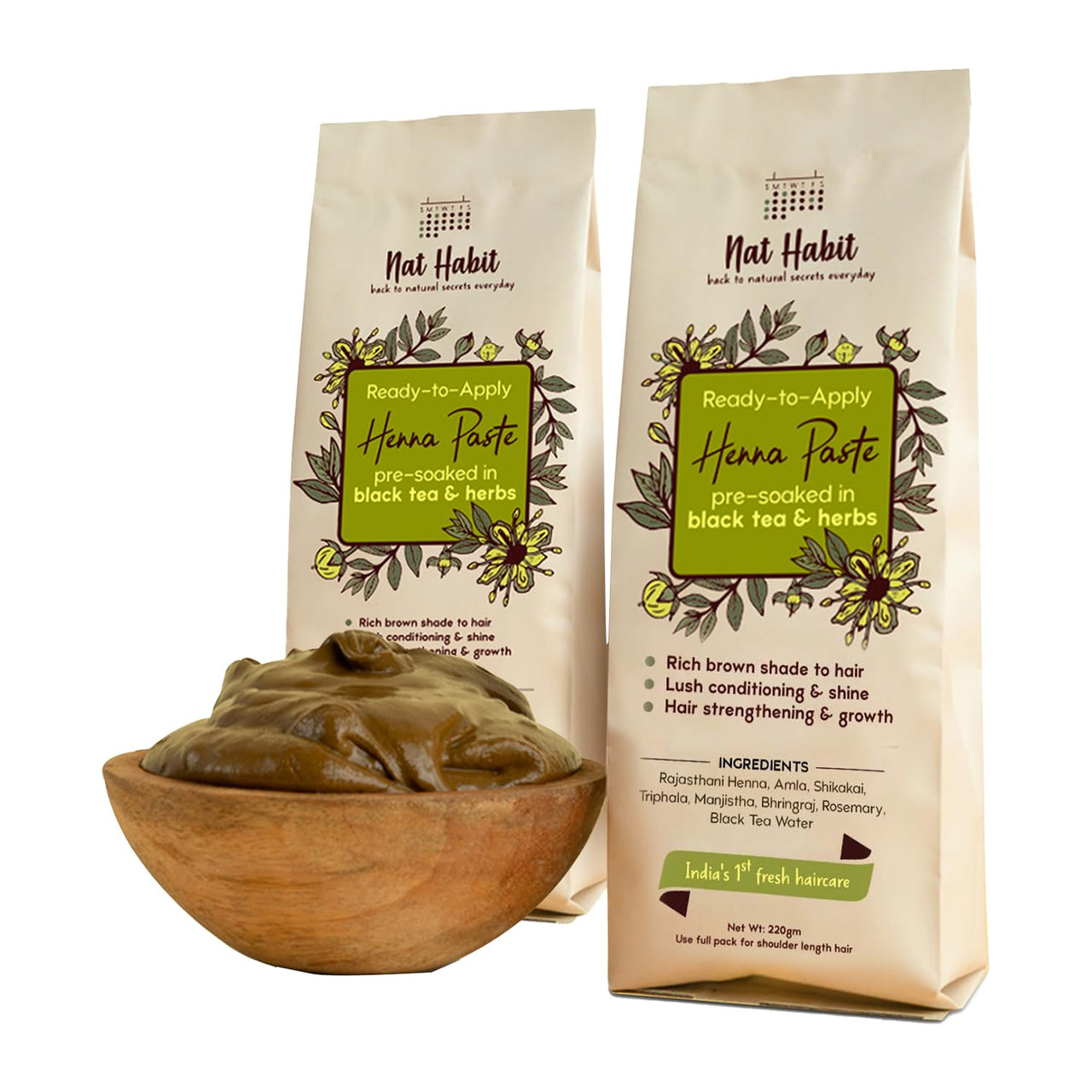 Nat Habit Ready-to-Apply Fresh Henna Paste and Indigo Powder Combo, Pre-Soaked in Black Tea and Herbs,100% Natural Rajasthani Henna & Indigo Powder For Natural Black Hair (440g + 150g)