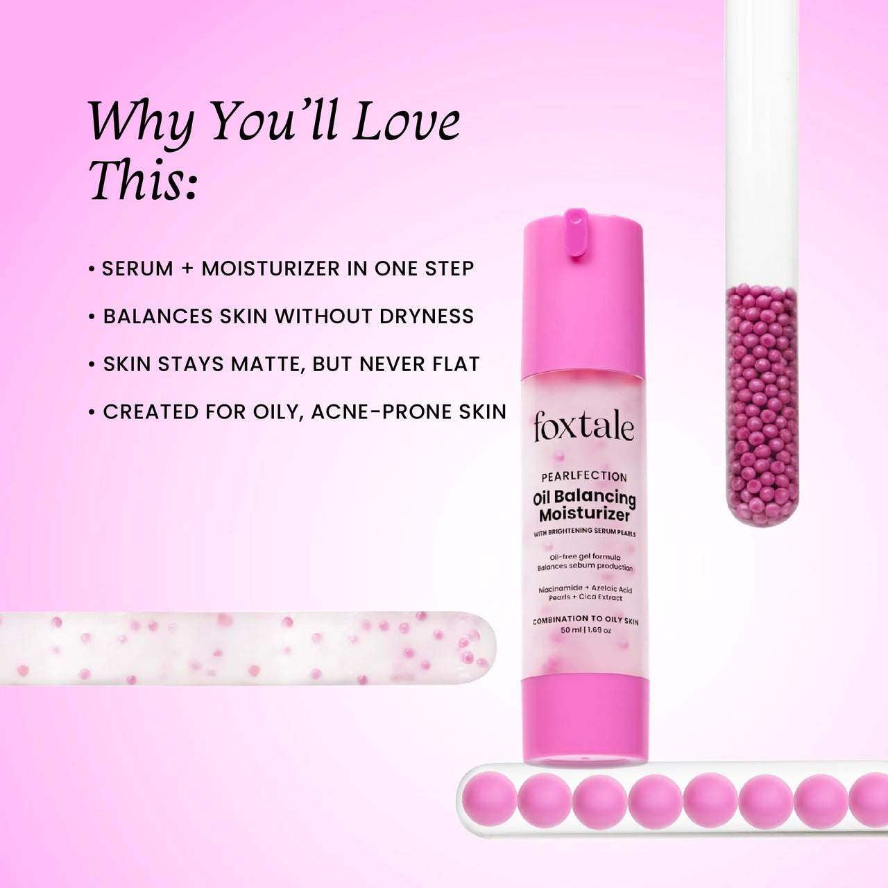 Foxtale Oil Balancing Moisturizer with Niacinamide, Azelaic Acid Pearls & Cica | 8+ Hours Shine-Free Hydration, Pearlescent Glow, Smooth Texture | Lightweight & Non-Comedogenic | 50ml