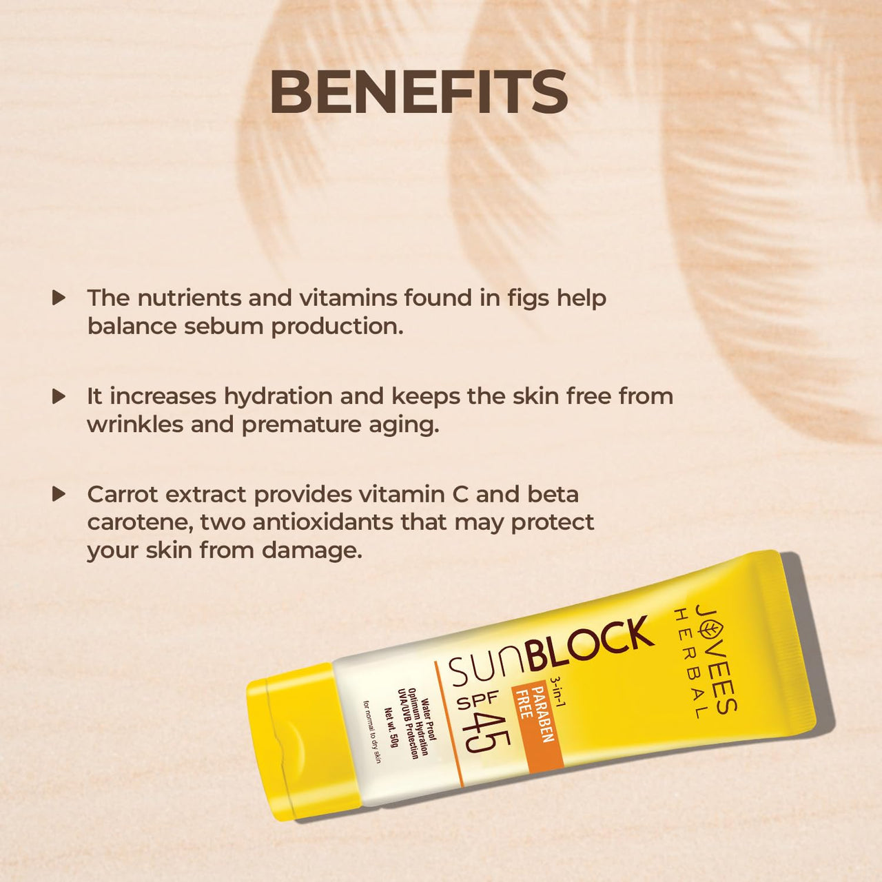 Jovees Herbal Sun Block SPF 45 For Even Toned & Glowing Skin | Suitable For Dry Skin | Sunscreen for UVA/UVB & Blue Light Protection | Lightweight & Non Grassy for Men & Women 50g