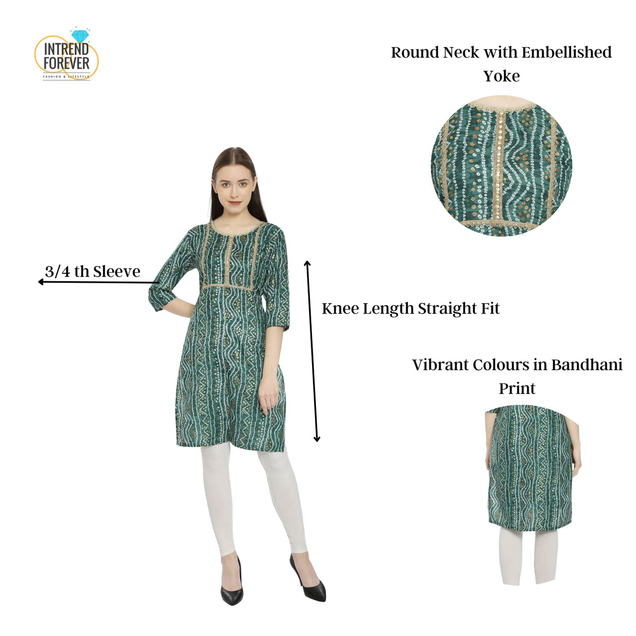 InTrend Forever Bandhani Foil Print Designer || Cotton Kurta for Ladies || Straight Fit || Zari & Sequins lace || Kurtis for Women