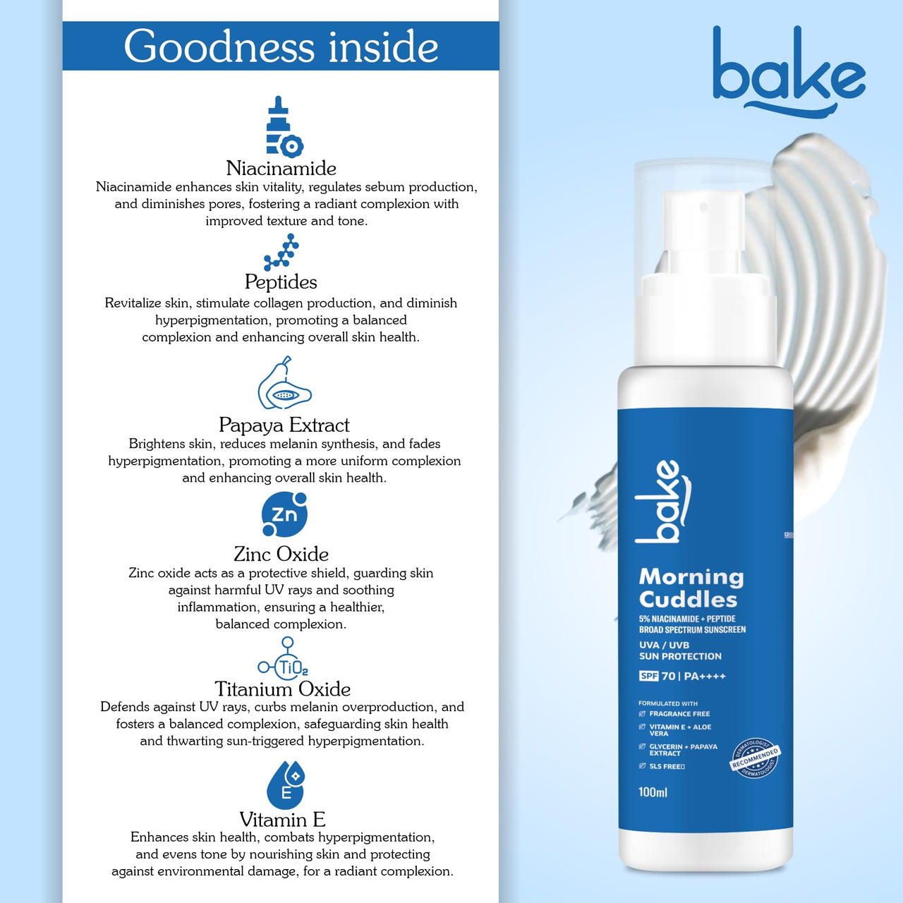BAKE 100% Mineral Water Resistant Sunscreen SPF 70 PA+++ with 5% Niacinamide, Peptide | Sweat & Water Resistant, UV/A & B, Blue Light Protection | For Oily Acne Prone Skin | For Acne Scars & Dark Spots | Broad Spectrum Sunscreen | No White Cast | 100g