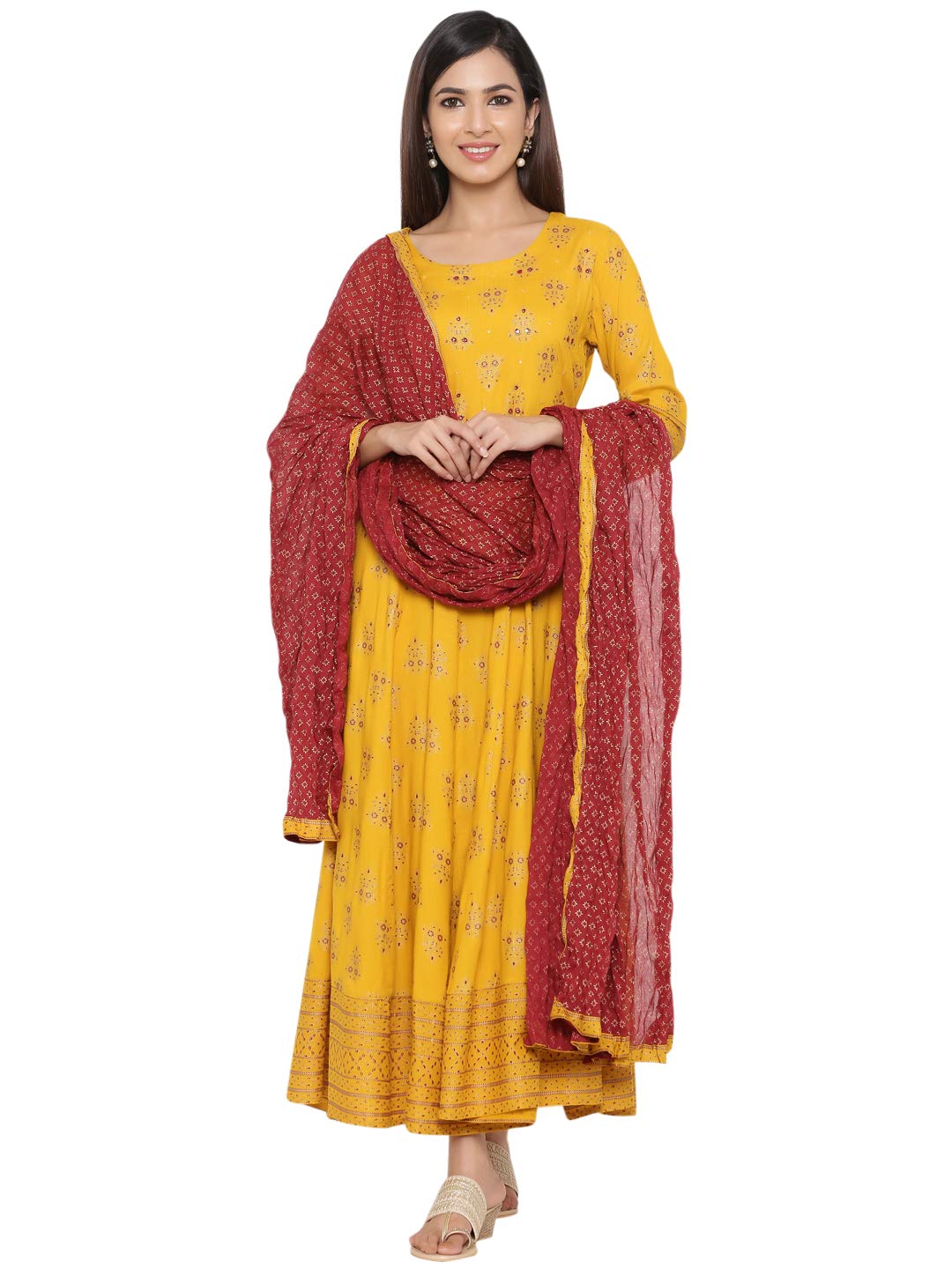 KIPEK Women's  Rayon Round Neck Anarkali Kurta with Dupatta in Mustrad Yellow Color Latest Kurti Designed for Casual Function wear Comfy and Smooth in Any Occasions