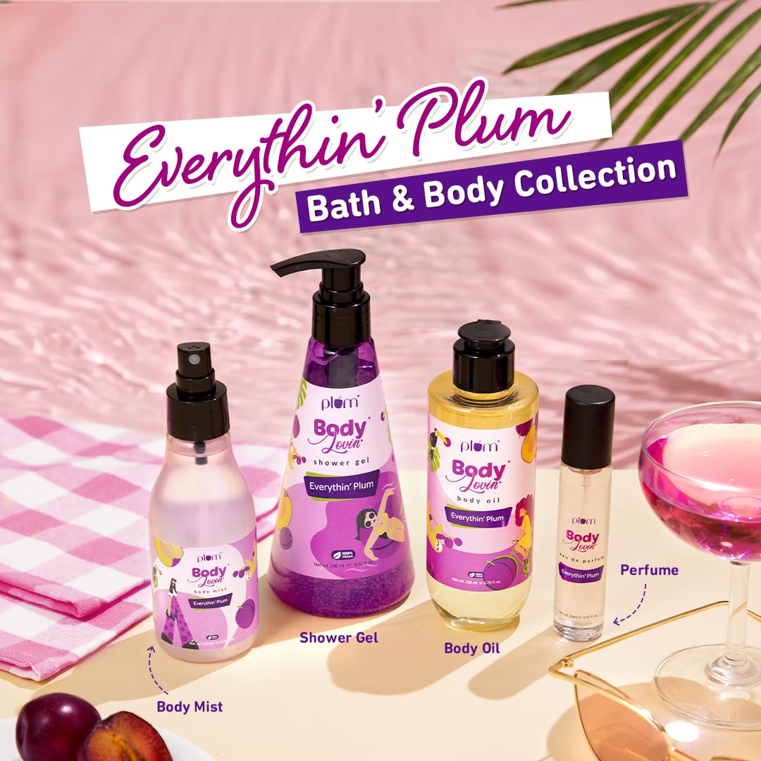 Plum BodyLovin' Everythin' Plum Shower Gel | SLS-Free Body Wash For Women | Long Lasting Peppy Fruity Fragrance | Aloe-Infused Nourishing Body Cleanser For Soft & Smooth Skin (240 ml)