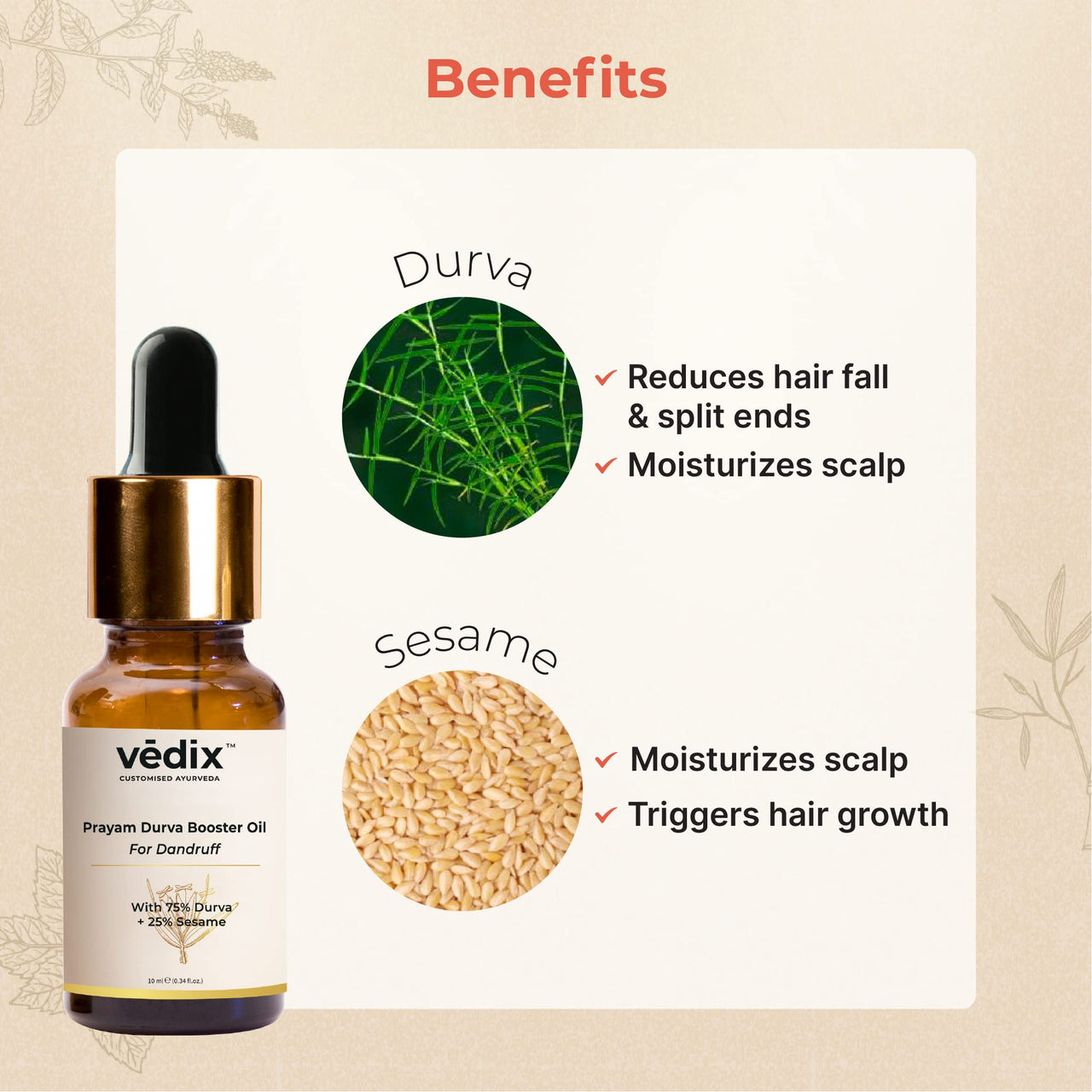 Vedix Customised Ayurvedic Hair Oil|Prayam Durva Booster Oil|For Dandruff Care and Hair Growth| 10ml