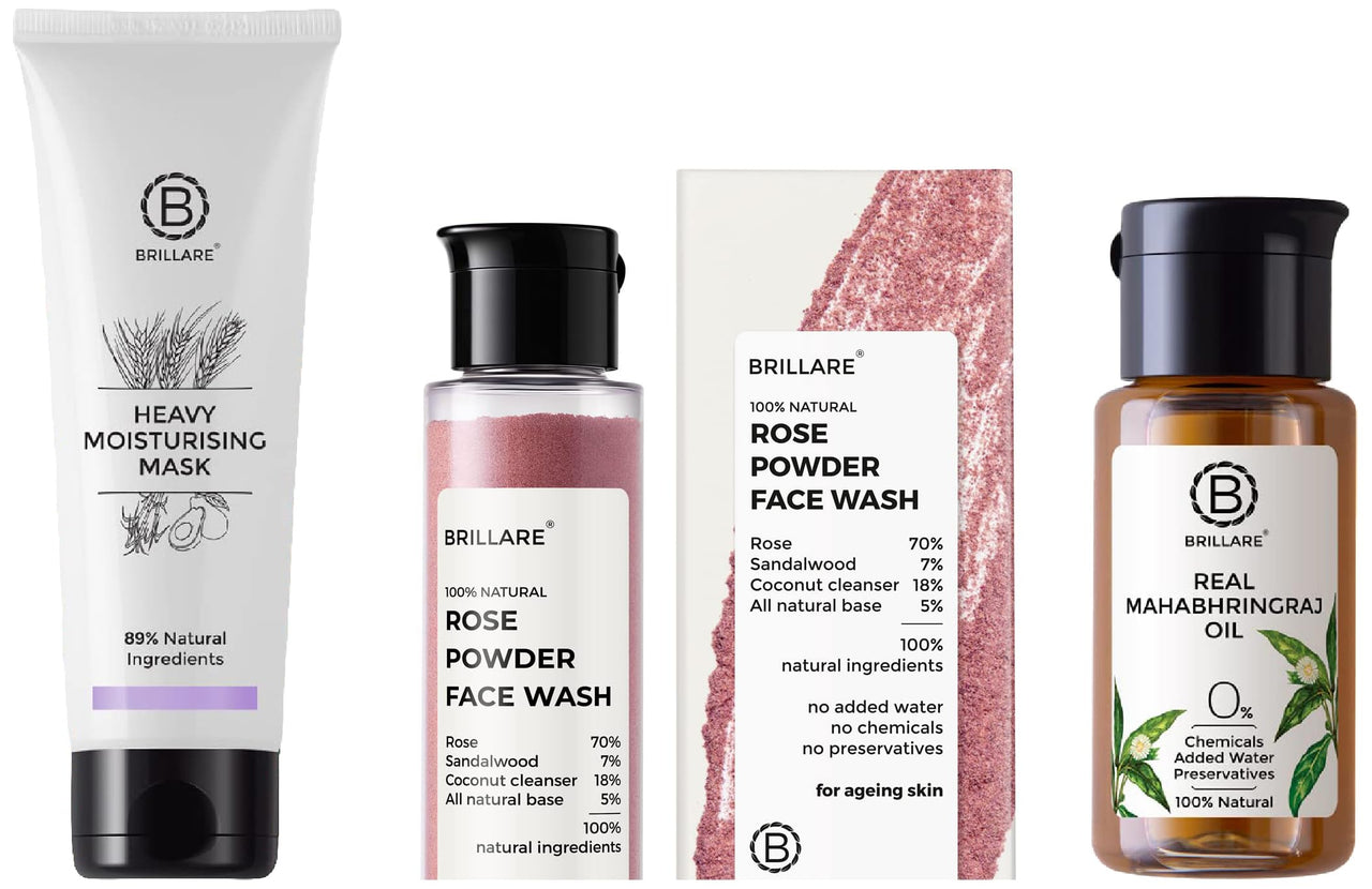 Brillare Professional Heavy Moisturising Hair Mask & Brillare Real Mahabhringraj Oil with 14 Traditional Herbs, 100% Natural, Zero Chemicals, Organic & Brillare Rose Face Wash