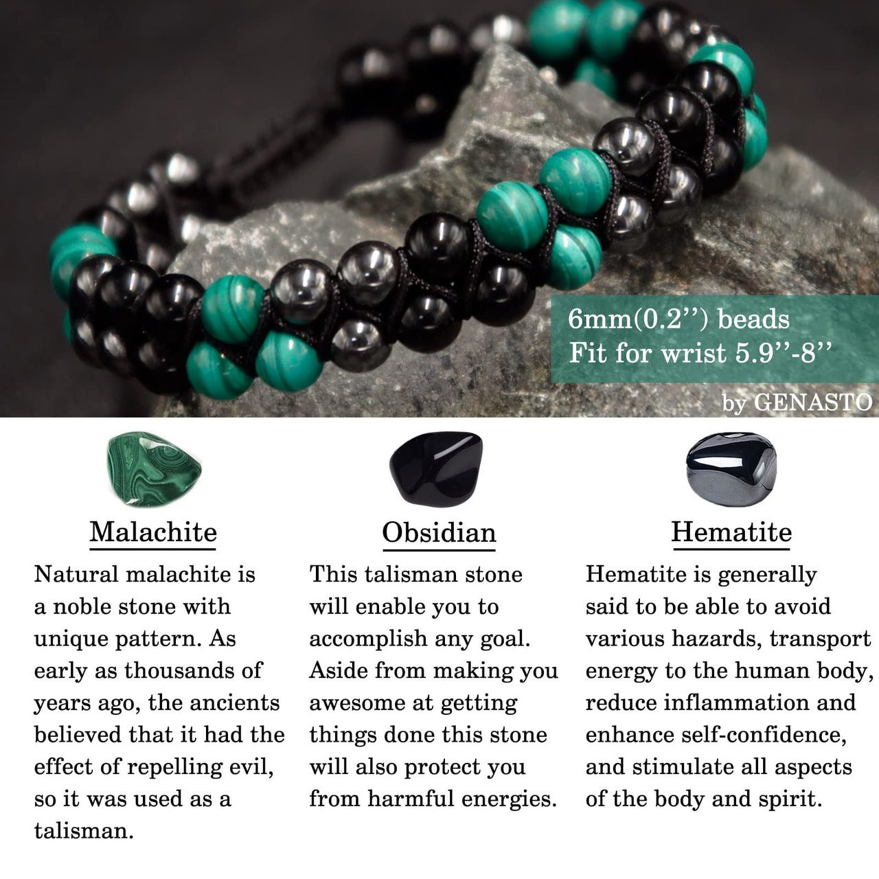 GENASTO Malachite Crystal Black Obsidian Bracelet Hematite Beads Bracelet Genuine Green Healing Crystal Stone Jewelry for Men Women