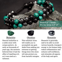 GENASTO Malachite Crystal Black Obsidian Bracelet Hematite Beads Bracelet Genuine Green Healing Crystal Stone Jewelry for Men Women