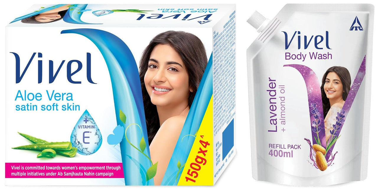 Vivel Aloe Vera Bathing Soap with Vitamin E for Soft, Glowing skin|Refreshing Fragrance|Combo Pack 150g (Pack of 4)&Vivel Body Wash, Lavender & Almond Oil Shower Creme, Liquid Refill Pouch, 400 ml
