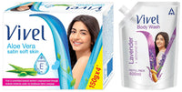 Vivel Aloe Vera Bathing Soap with Vitamin E for Soft, Glowing skin|Refreshing Fragrance|Combo Pack 150g (Pack of 4)&Vivel Body Wash, Lavender & Almond Oil Shower Creme, Liquid Refill Pouch, 400 ml