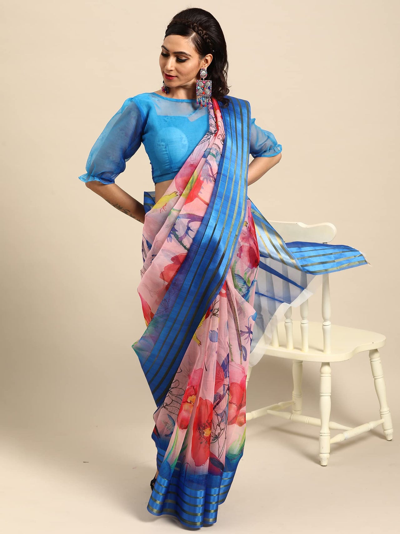 AKHILAM Women's  Knit Floral Printed Organza Saree with Unstitched Blouse Piece (FF0SAGE10_Parent)