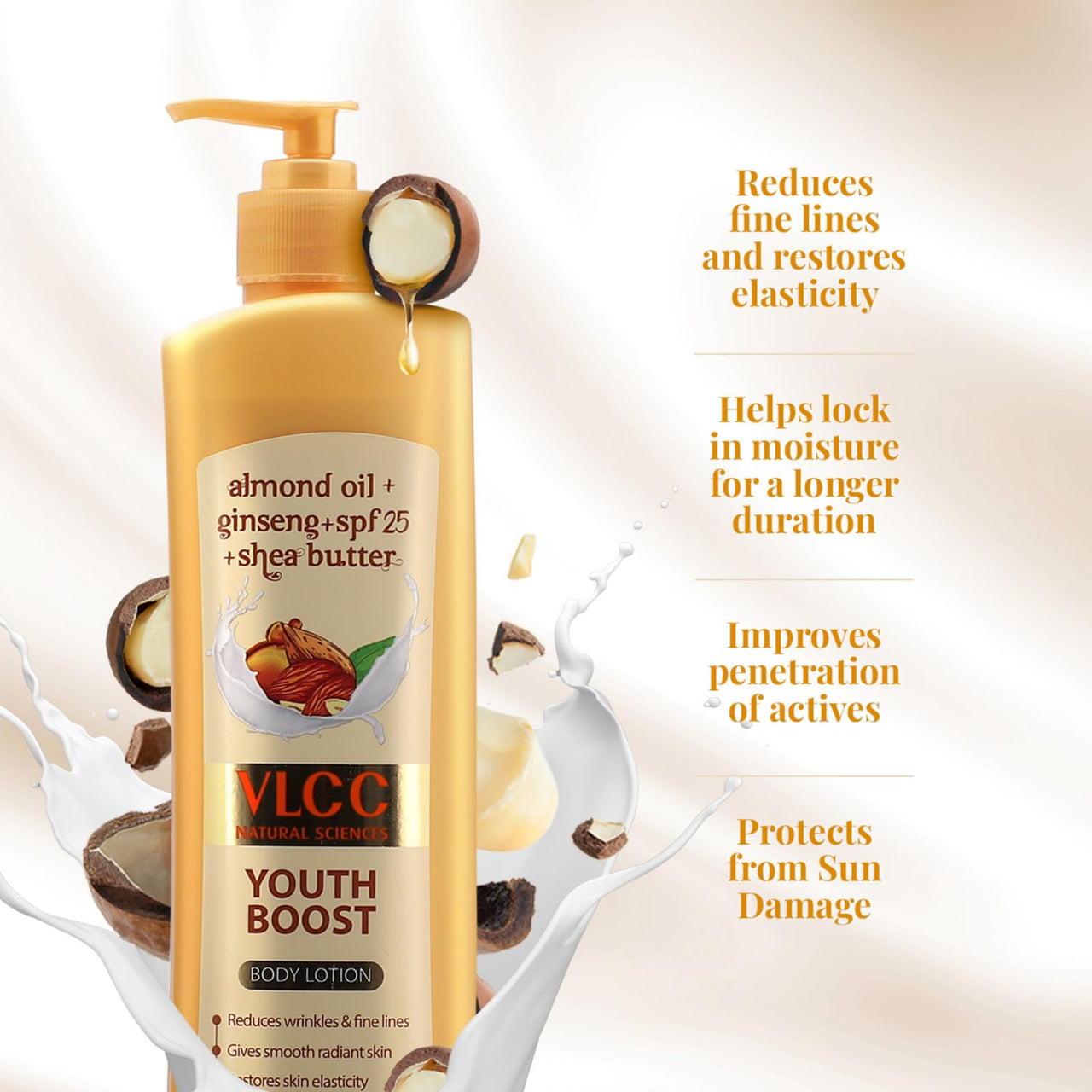VLCC Youth Boost Body Lotion SPF 25 PA+++ - 400ml | Body Lotion with UV Protection | For Wrinkle Free, Smooth & Soft Skin | Almond Oil, Ginseng & Shea Butter For Radiant Skin | Paraben Free