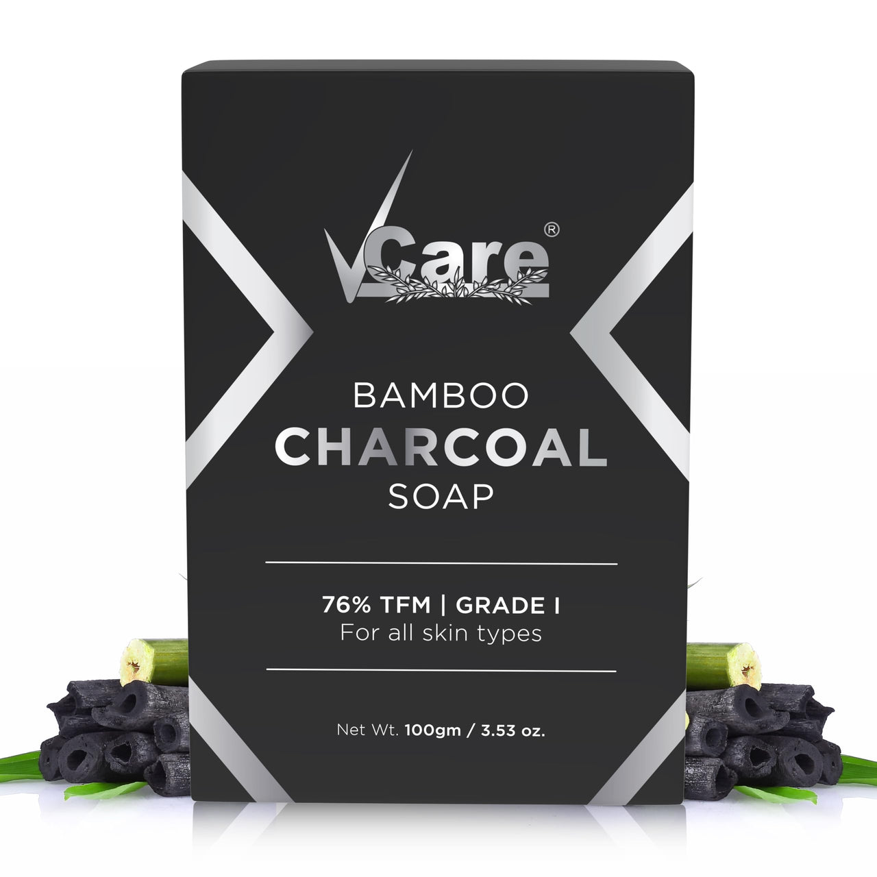 VCare Bamboo Charcoal Soap for Men and Women|76% TFM Grade 1 Skin Protection, Deep Cleansing and Detoxifies Bathing Soap Bar - 100gm Buy 3 Get 1 Free