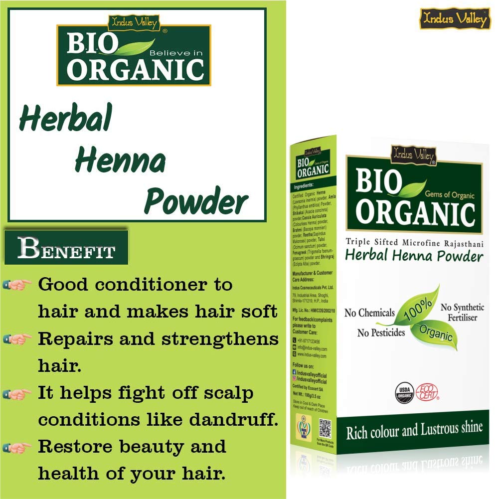 INDUS VALLEY Bio Organic Natural And Pure Bhringraj Powder | Eclipta alba with Herbal Henna Powder Set of 2 for Hair Care - (100g*3 =300g)