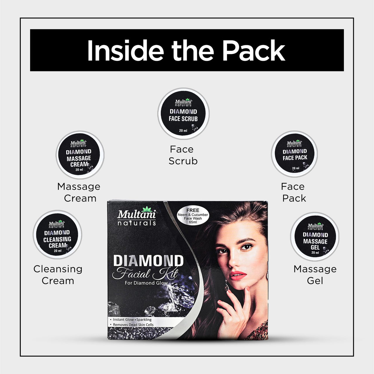 Multani Naturals Diamond Facial Kit For Instant Glow & Removes Dead Skin Cells | 6 Products in one Box | Cleansing Cream , Massage Cream , Scrub, Face Pack , massage Gel and Free Face Wash (65ML) | 100 ml
