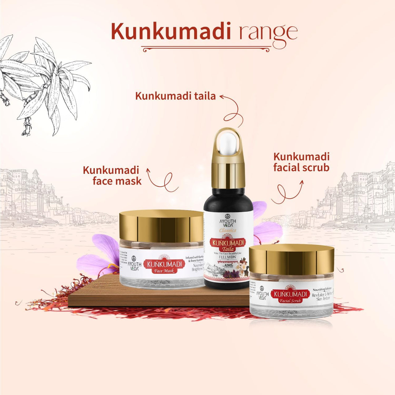 Ayouthveda Kunkumadi Face Mask | Infused with Kumkumadi Taila, Sandalwood, Turmeric & Finest Kashmiri Saffron | Helps to Tighten Pores & Boost Skin Radiance (Pack Of 1-50gm)