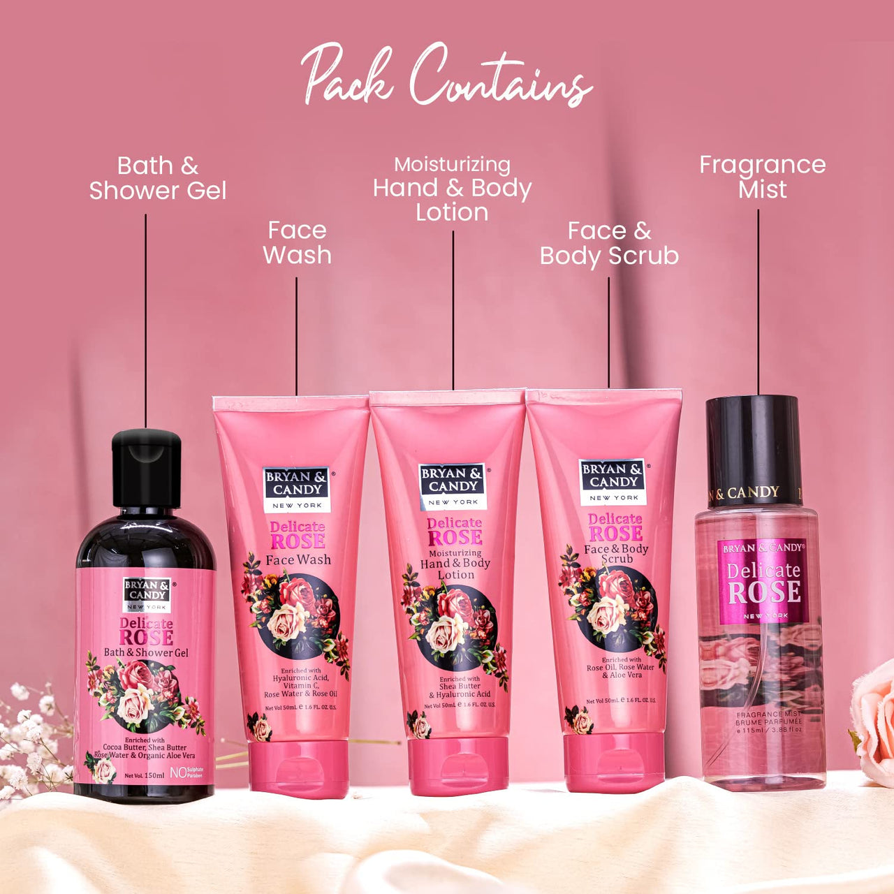 Bryan & Candy Romancing The Rose Complete Face & Body Care | Women's Day Gift Set For Women |Shower Gel , Face Wash, Face Scrub , Fragrance Mist, Hand & Body Lotion| 100% Vegan, Skin-Friendly pH 5.5 for All Skin Types,SLS & Paraben Free |