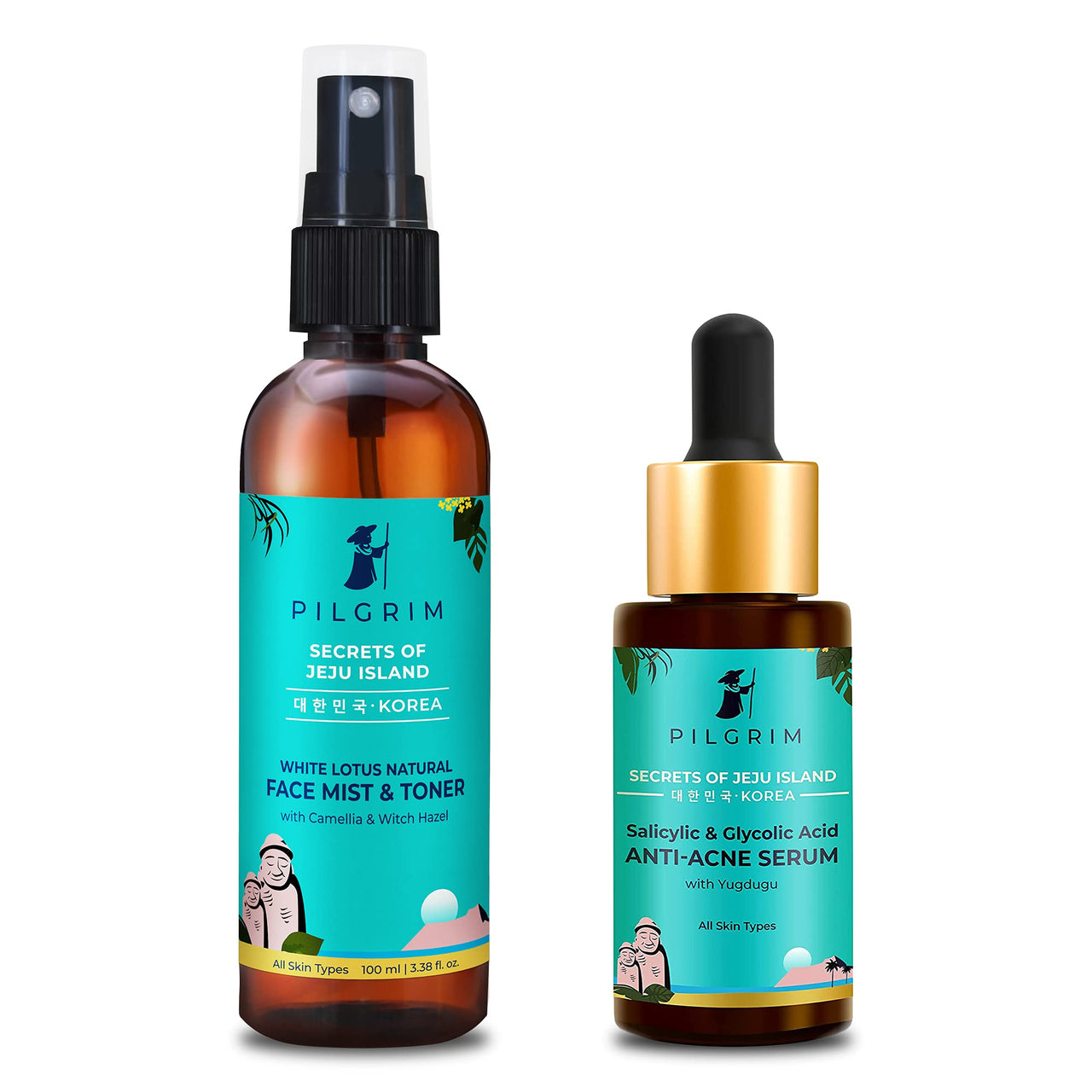 Pilgrim Skin Refreshing Blemish Control Travel Set with Instantly Hydrating White Lotus Face Toner 100ml & Anti-Acne Face Serum 30ml | For Dark Spots & Uneven Skin Tone | No Parabens & Sulphates