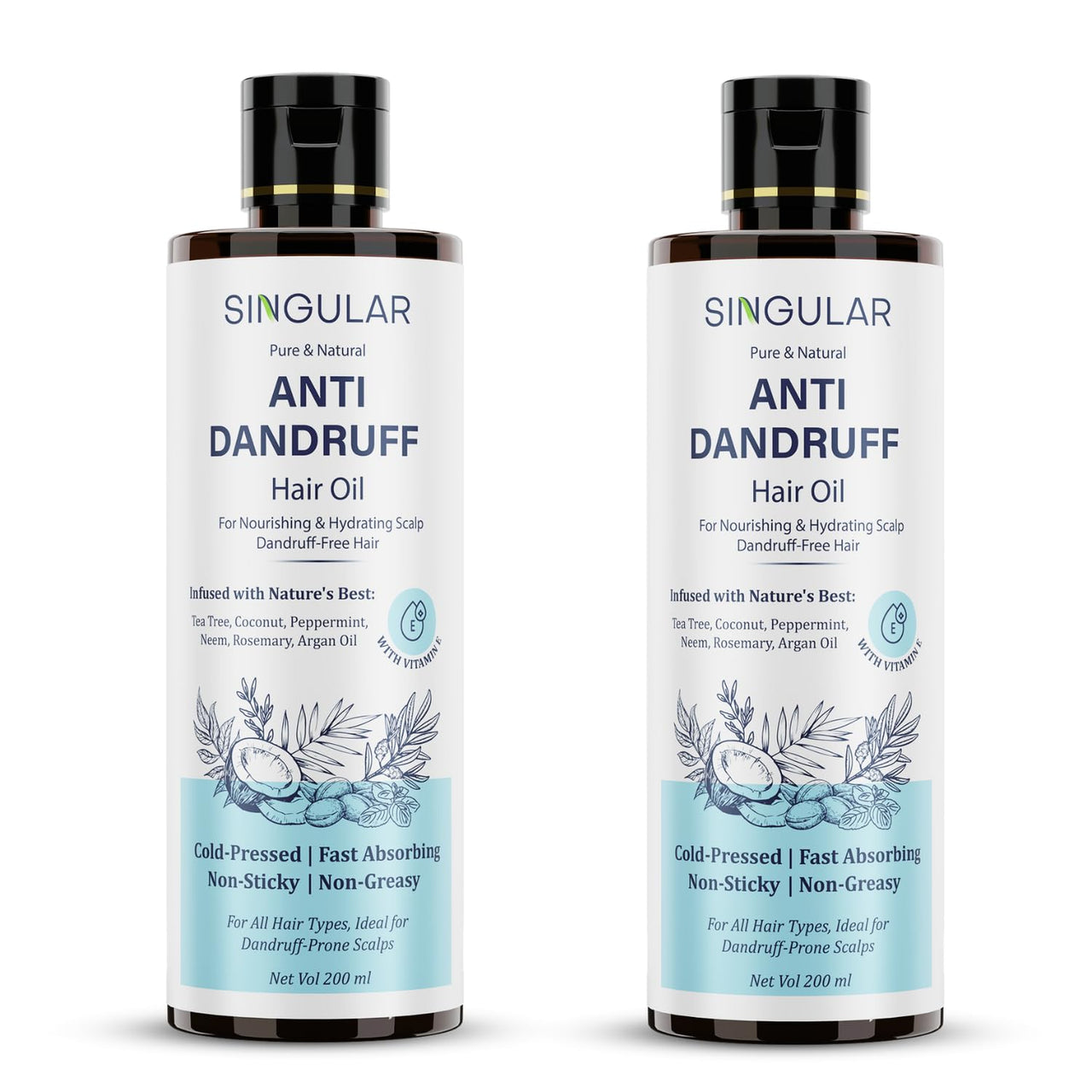 Singular Anti Dandruff Hair Oil for Nourishes & Hydrates Scalp Dandruff-Free Hair | Pure & Natural Cold Pressed Oil Infused with Nature's Best Tea Tree, Coconut, Peppermint, Neem, Rosemary, Argan Oil with Vitamin E | Ideal for Dandruff-Prone Scalp | 400 m