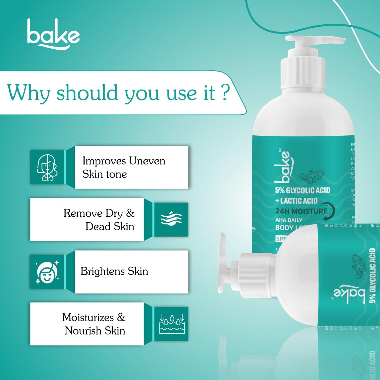 BAKE 5% Glycolic & Lactic Acid Body Lotion SPF 30 PA+++ for Dark Spots Body Acne | Dead Skin Removal & Uneven Skin Tone | 5% AHA Maxiimum Exfoliation | 200ml