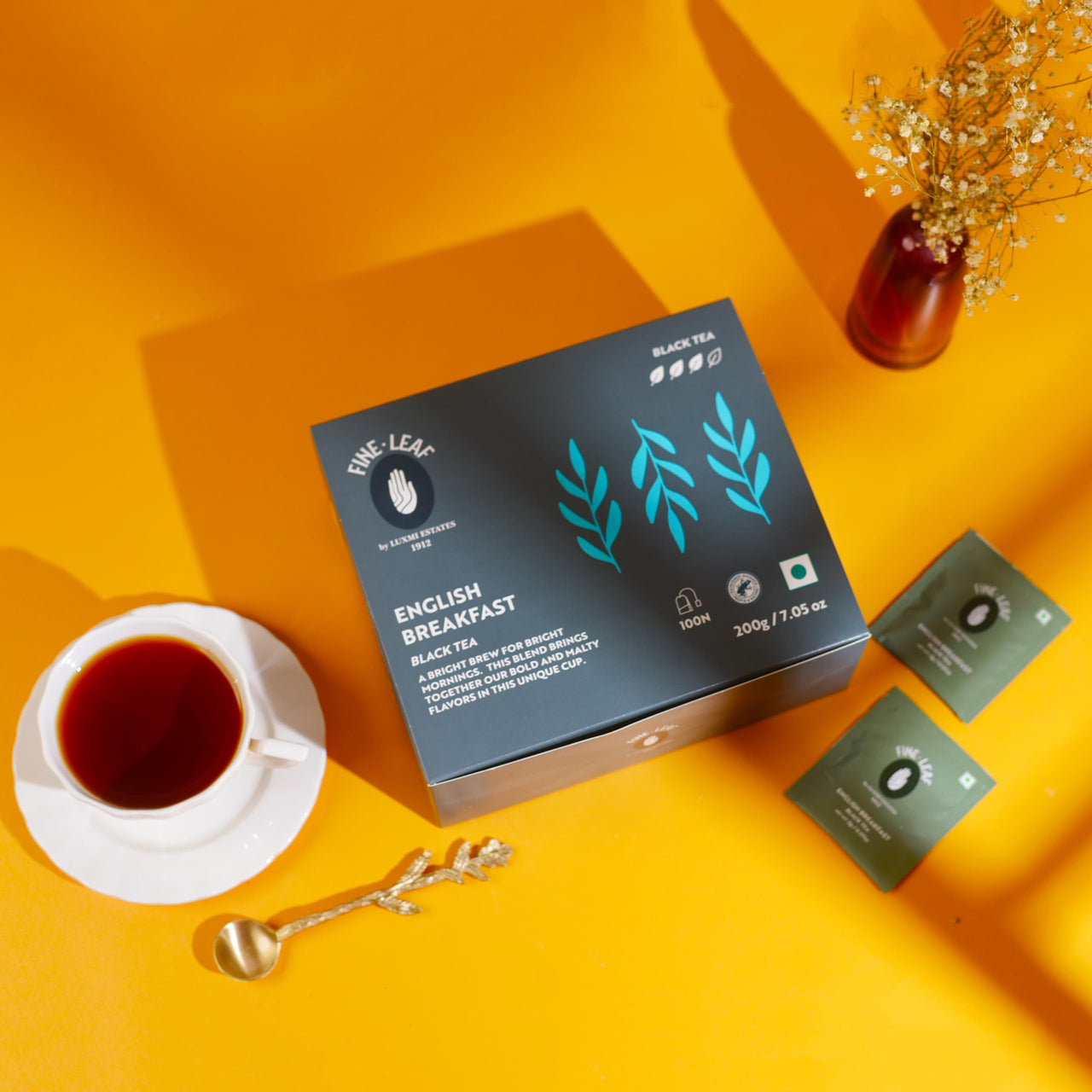 Luxmi Estates - Fine Leaf English Breakfast Black Tea | High Caffeine - Strong, Robust, Double Chamber Stapleless Blend of Assam & Darjeeling Tea |100 Tea Bags * 2g | 200 gm