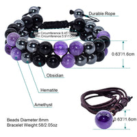 XonyiCos Triple Protection Bracelet,Made by hand Crystal Bracelet for Men Women Amethyst Beads Hematite and Black Obsidian Natural Stone 8mm Healing Bracelets Good Luck Prosperity Happiness