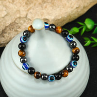 Quadruple protection bracelets for men and women（evil eye, tigers eye,hematite, obsidian）A handmade beaded crystal healing bracelet that can bring luck, happiness and protection(8mm elastic) 8mm elastic