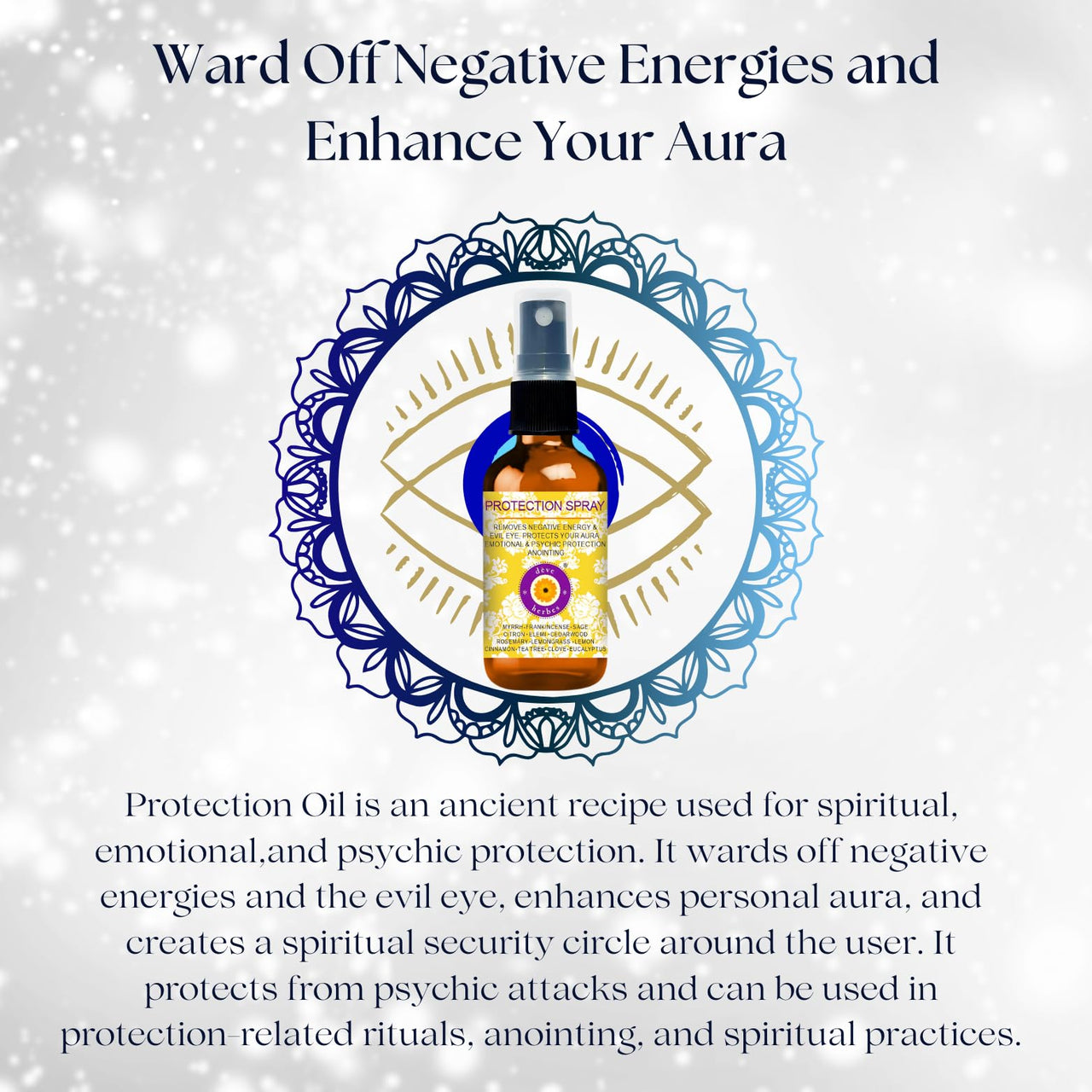 Deve herbes Protection Spray - Essential Oil Blend to ward off negative energies & evil eye with Cedarwood, Cinnamon, Citron, Clove, Elemi, Eucalyptus, Frankincense, Lemon, Lemongrass, Myrrh, Rosemary, Sage and Tea Tree 50ml
