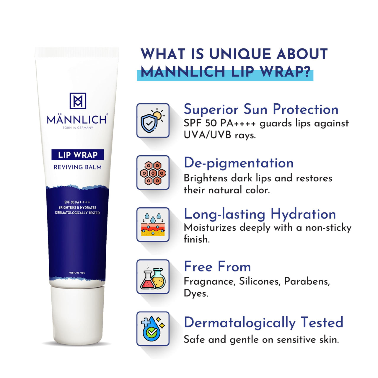 Mannlich Lip Balm For Men (10G) Lip Care With Spf 50 Pa++++ Protection - Lip Lightening For Dry & Chapped Lips - Moisturizes, Long-Lasting Hydration With 2% Kojic Acid & 1% Hyaluronic Acid, white