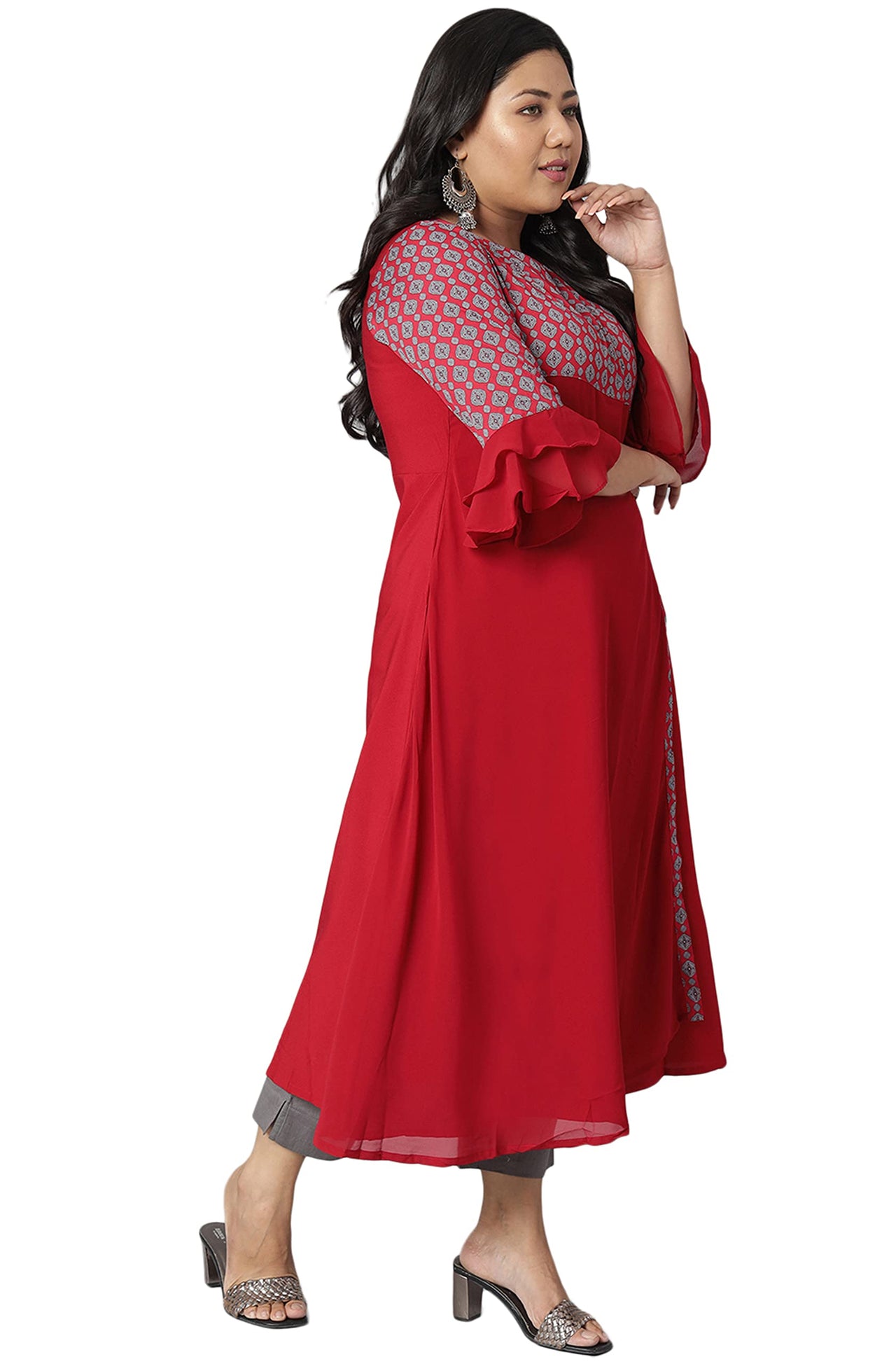 XL LOVE - By Janasya Women's  Plus Size Maroon Ethnic Motifs Poly Crepe Kurta