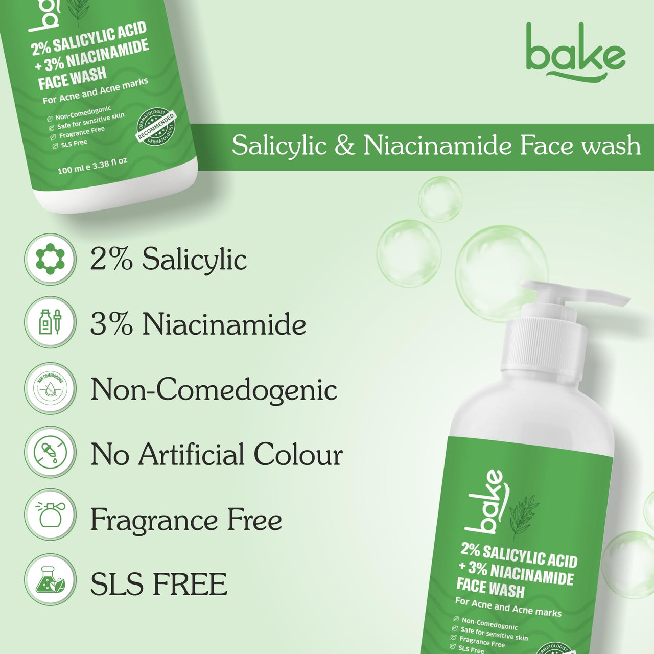 BAKE 2% Salicylic Acid & 3% Niacinamide Face Wash for Oily Acne Prone Skin | Treats Active Acne & Fades Acne Marks & Dark Spots | Daily Anti Acne Face Wash - 100ml