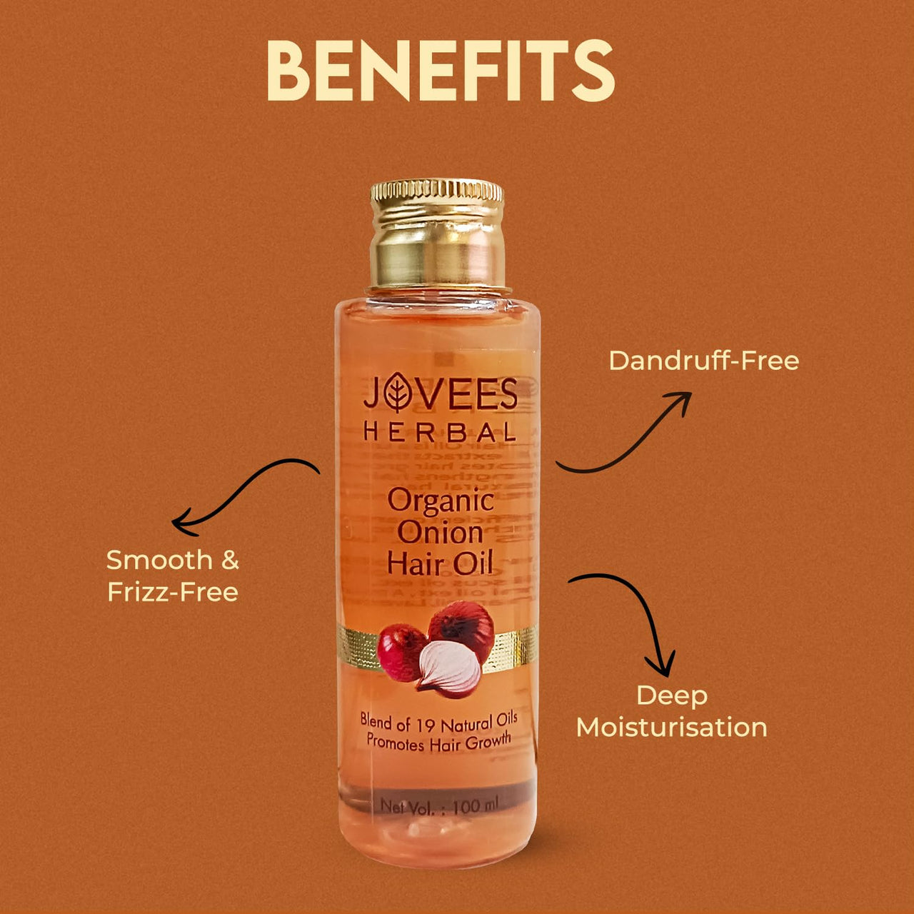 Jovees Herbal Organic Onion Hair Oil 100ML | Controls Hair Fall, Promotes Growth | Contains Onion Seed Oil, Olive oil, Sesame oil, Almond oil | Suitable for All Hair Types