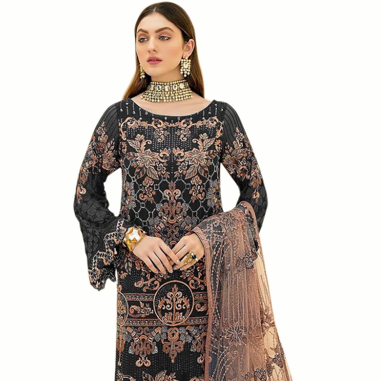 Miss Ethnik Women's  Faux Georgette Semi Stitched Top With Unstitched Santoon Bottom and Net Dupatta Embroidered Straight Top Dress Material (Pakistani Salwar Suit)