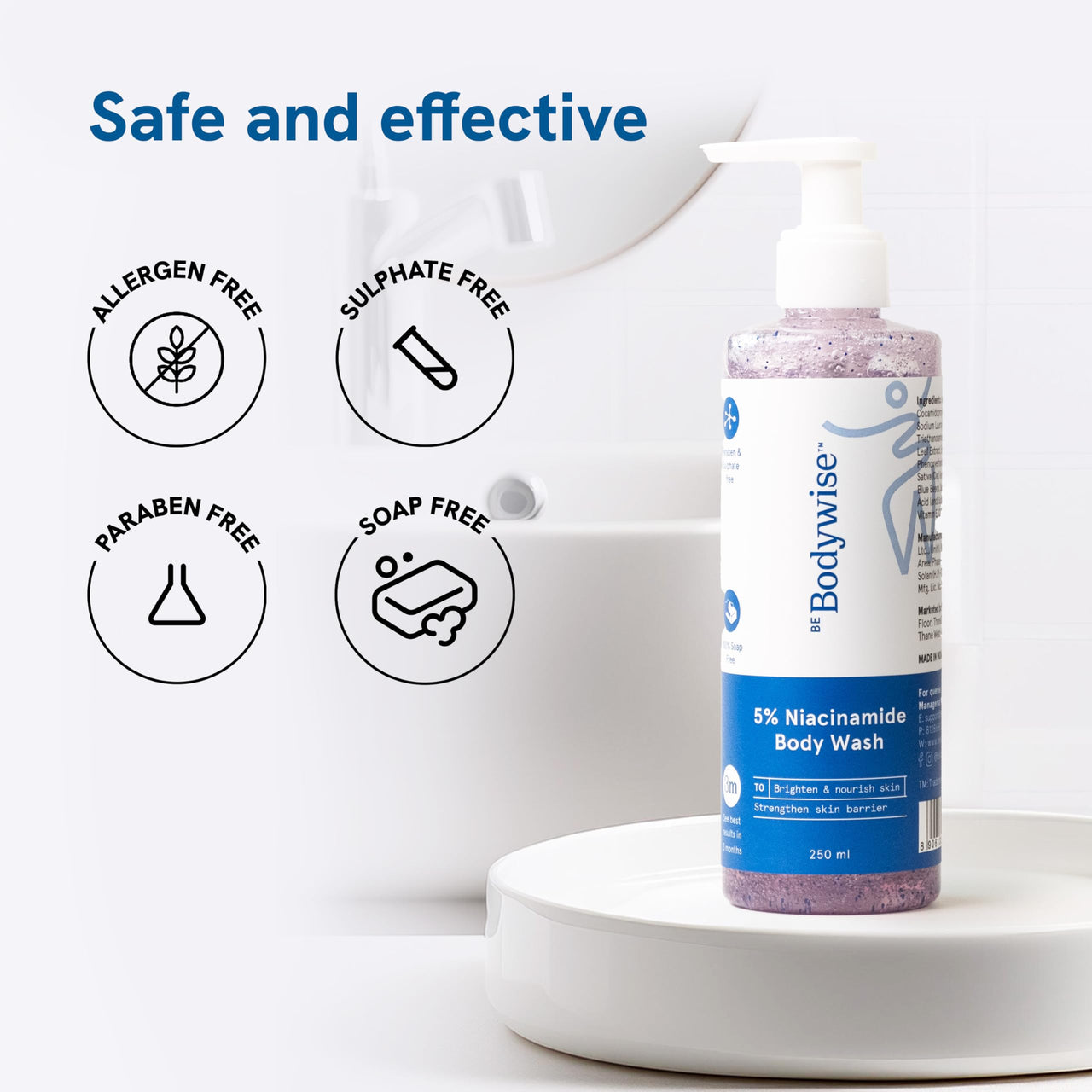 Be Bodywise 5% Niacinamide Brightening Body Wash | Hydrates & Deep Cleanses Skin | For Glowing & Hydrated Skin | With Aloe vera, Vitamin B3 & E | For All Skin Types | 250ml