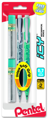 Pentel Icy Automatic Pencil with Lead, 0.7 mm, Assorted Barrels, 2 Pack (AL27TLBP2) 2 Pencils with Lead 0.7 mm