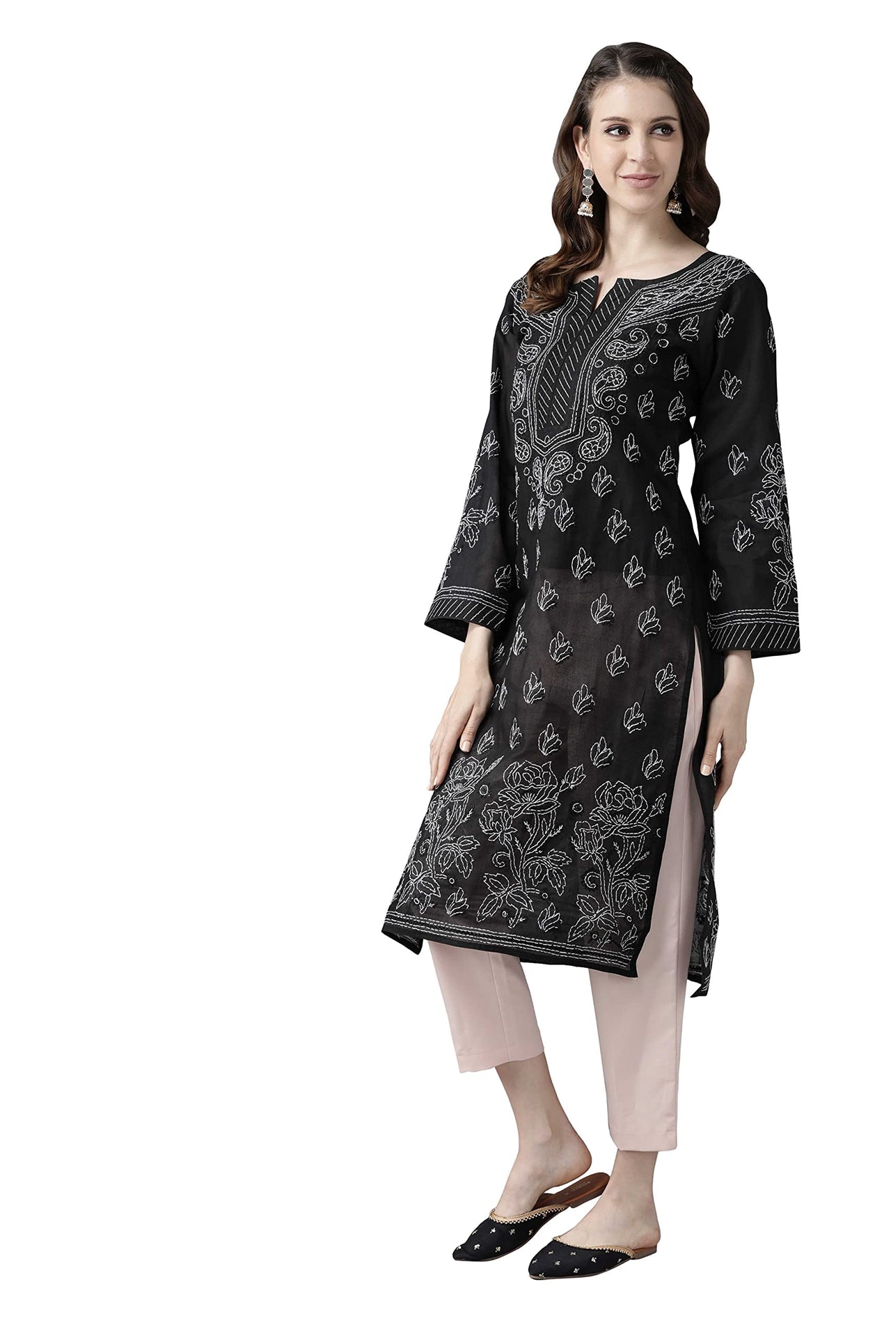 Ada Hand Embroidered Lucknowi Chikankari Straight Cotton Kurti Kurta for Women A220999 White 2XL