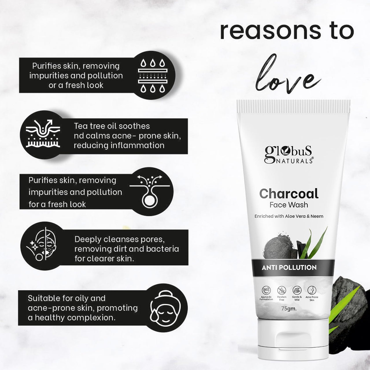 Globus Naturals Anti Pollution Charcoal Face Wash, Enriched with Tea Tree Oil, For Oily & Acne Prone Skin, 75 gm