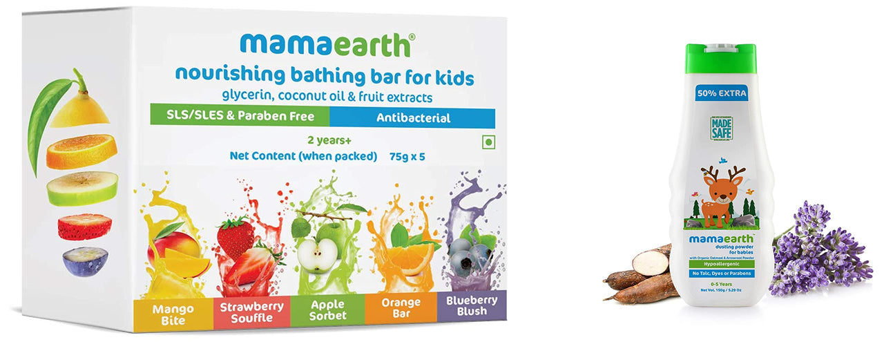 Mamaearth Fruit Based Nourishing Clear Bathing Bar Baby Soap With Glycerine, For Kids 75 Gram X 5 & dusting powder with organic oatmeal & arrowroot powder 150g