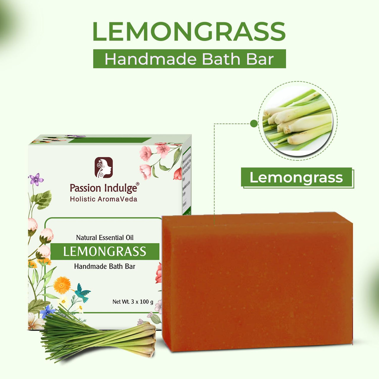 Passion Indulge Natural Handmade Bath Bar Soap - Lemongrass (Pack of 3)