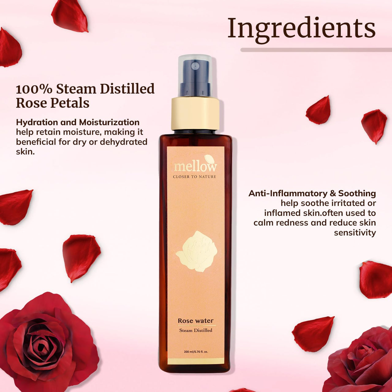 Mellow Herbal Rose Water Spray | 100% Pure Steam-Distilled Gulab Jal | Natural Toner & Hydrating Mist for Glowing Skin | Alcohol-Free, Paraben-Free & Ayush Certified | 200ml
