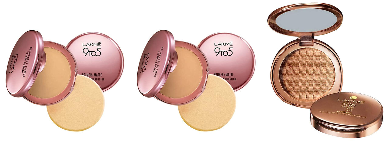 LAKMÉ 9 to 5 Matte Powder Foundation Compact, Ivory Cream, Silky Golden, Apricot, 9g & 8g for Oily Skin, Full Coverage, Matte Finish, Vitamin E Nourishing, New