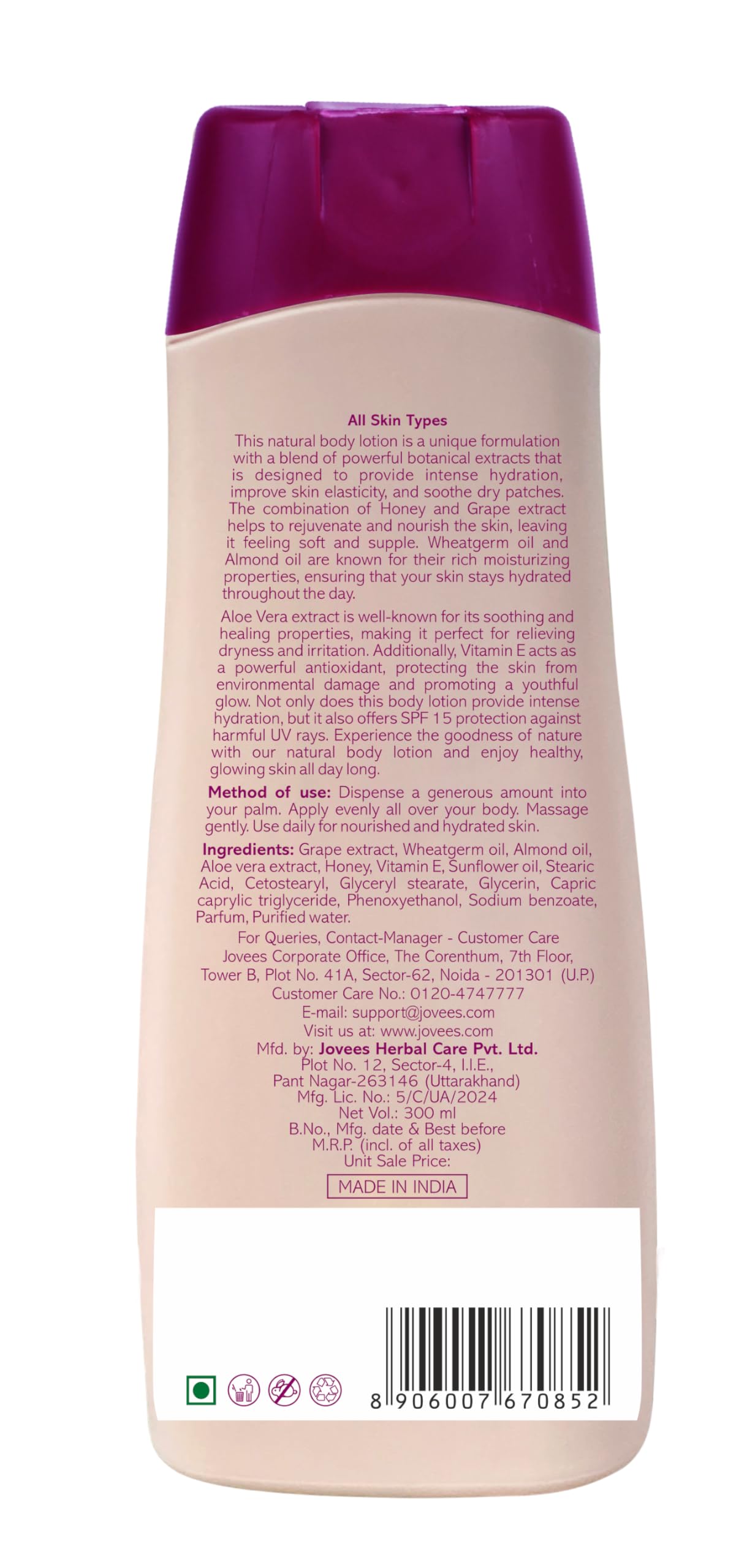 Jovees Herbal Honey & Grape Body Lotion For Nourished, Smooth And Deep Hydrated Skin, Lightweight, Non Greasy & Healthy Looking Skin, For Dry Skin 300ml