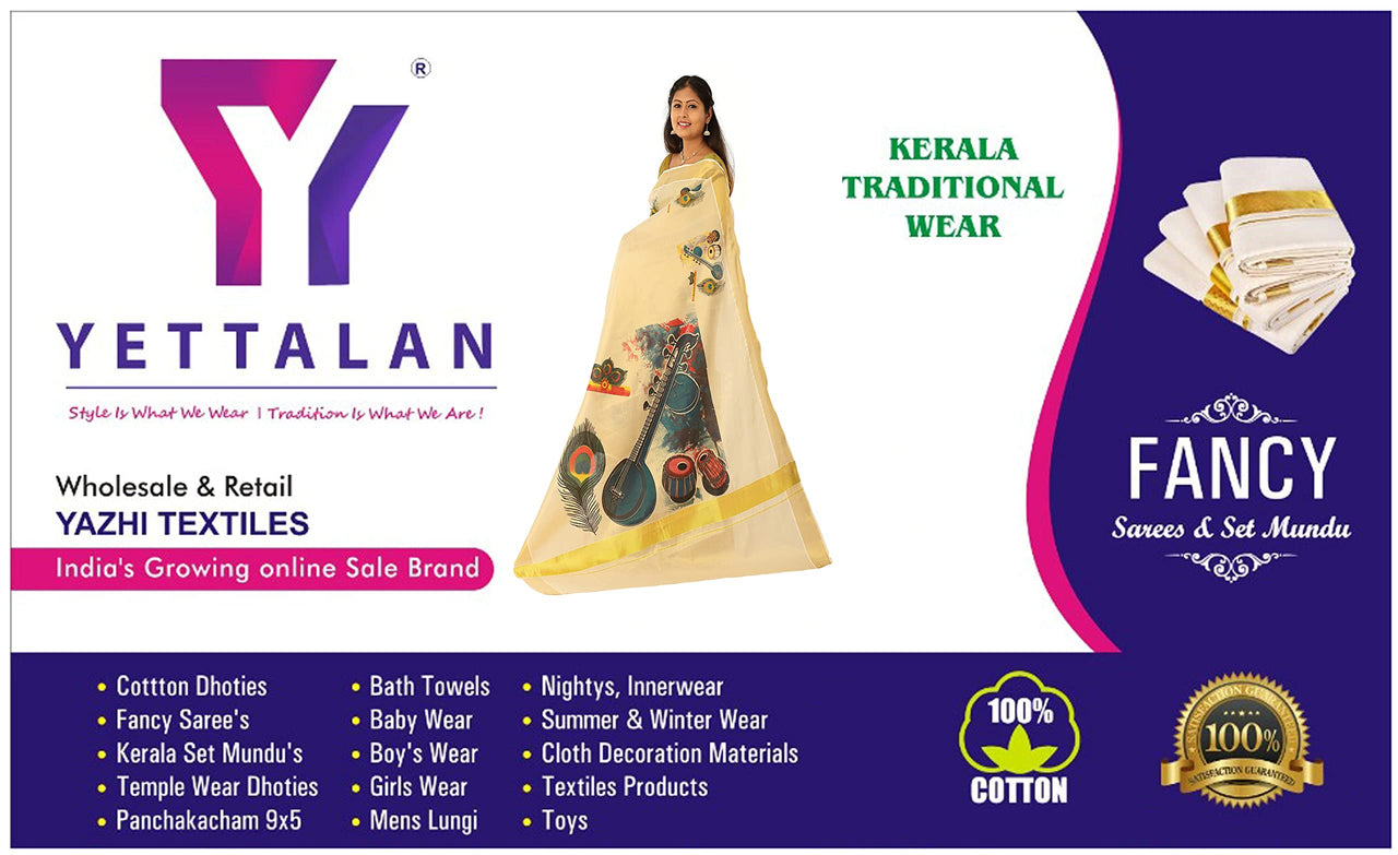 YETTALAN® Women's  Kerala Traditional Cotton Jacquard Work Set Mundu with Color Temple Border 2.00&2.80 Meters Maroon Peacock