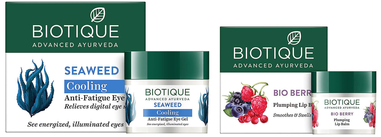 Biotique Bio Seaweed Revitalizing Anti Fatigue Eye Gel, 15G & Oily Bio Berry Plumping Lip Balm Smoothes & Swells Lips, 12G, Count 2