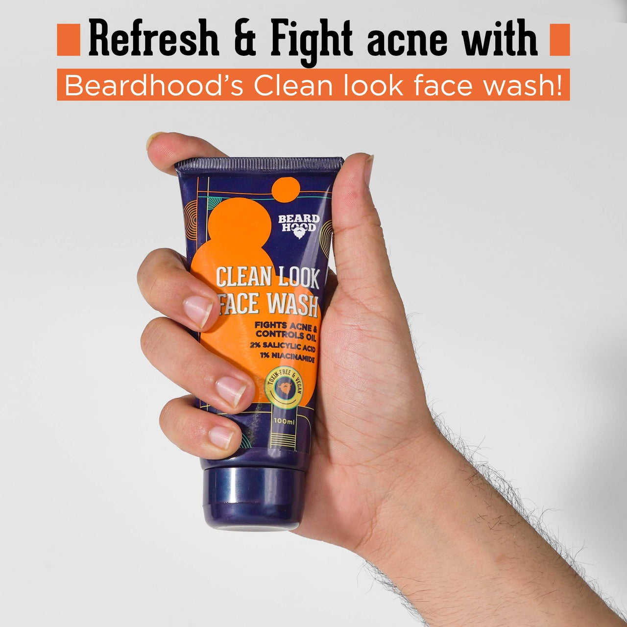 Beardhood Clean Look Face Wash for Oily and Acne Prone Skin with 2% Salicylic Acid & 1% Niacinamide 100ml | For Deep Pore Cleansing, Oil Control and Acne