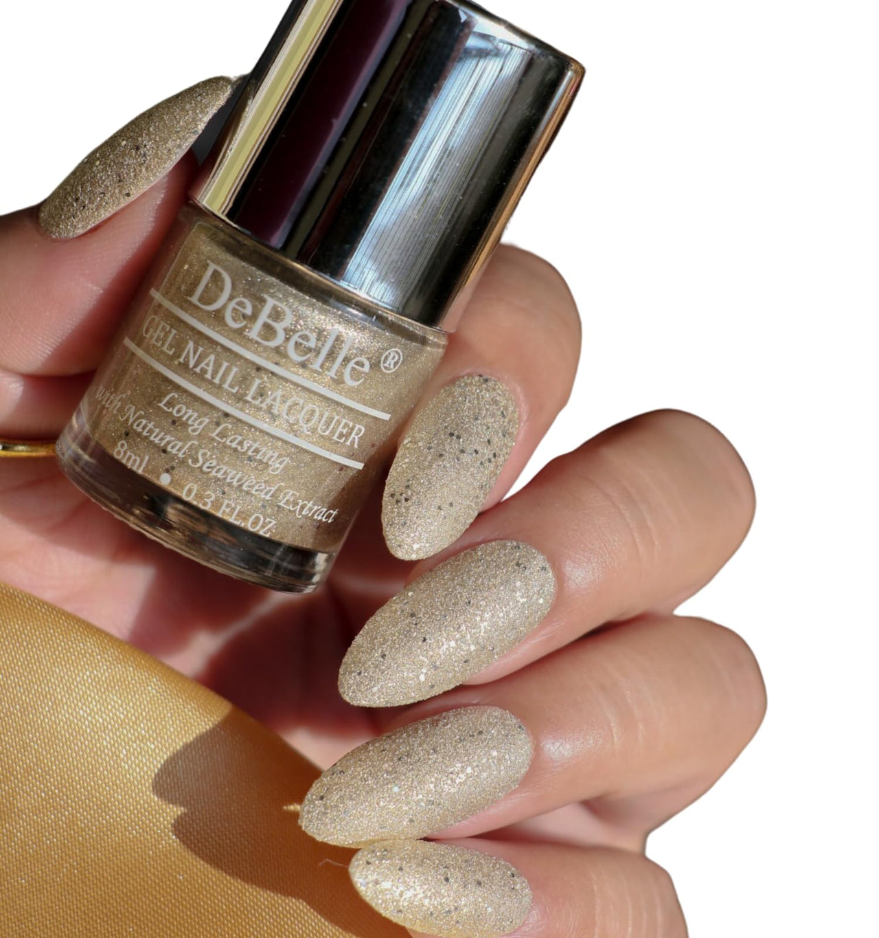 DeBelle Gel Nail Polish Sirius (Gold With Silver Glitter Sugar Finish Nail Paint)|Non UV - Gel Finish |Chip Resistant | Seaweed Enriched Formula| Long Lasting|Cruelty and Toxic Free| 8ml