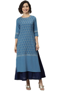 Janasya Women's  Blue Poly Crepe Ethnic Motifs Kurta